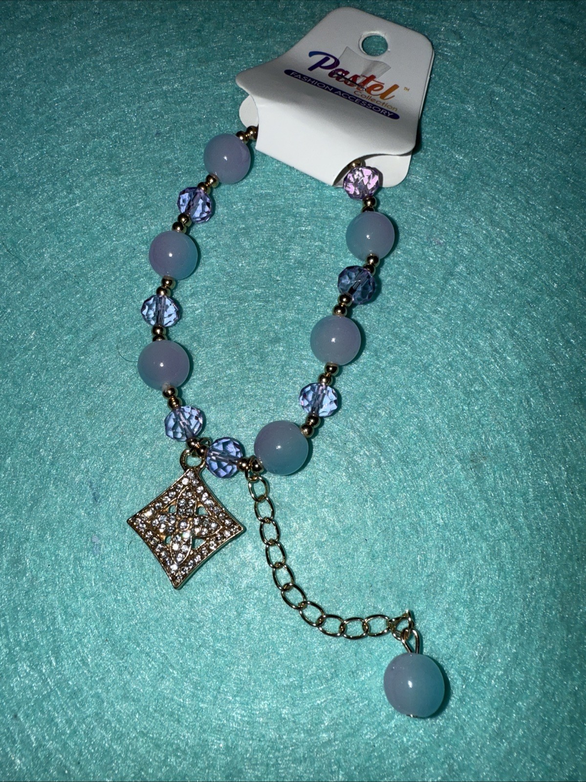 Expandable Marble Blue With Purple Swarovski With Dangling Rhinestone Clover