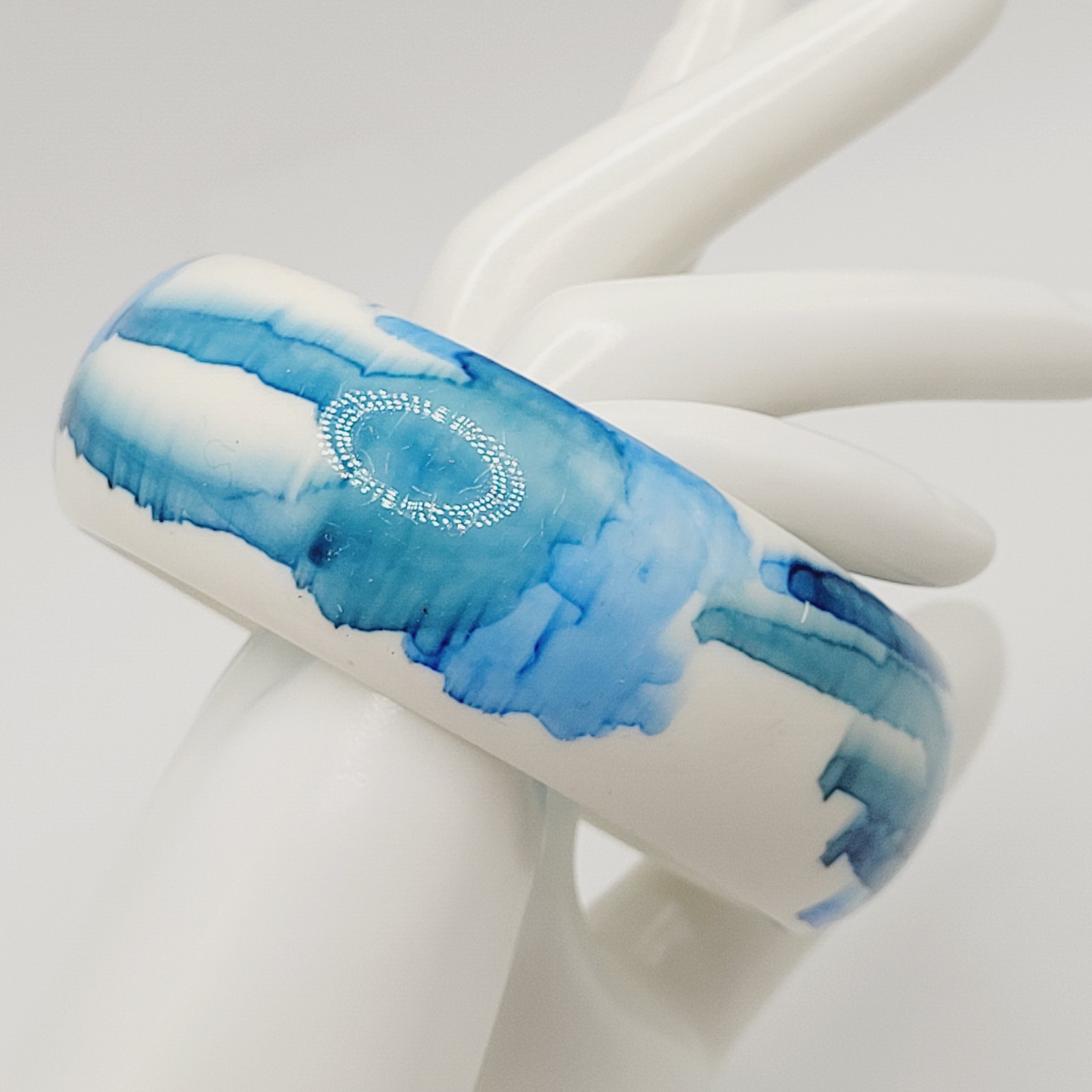 Marbled Watercolor Ink Blot Design Blue White Acrylic Chunky Bangle Bracelet