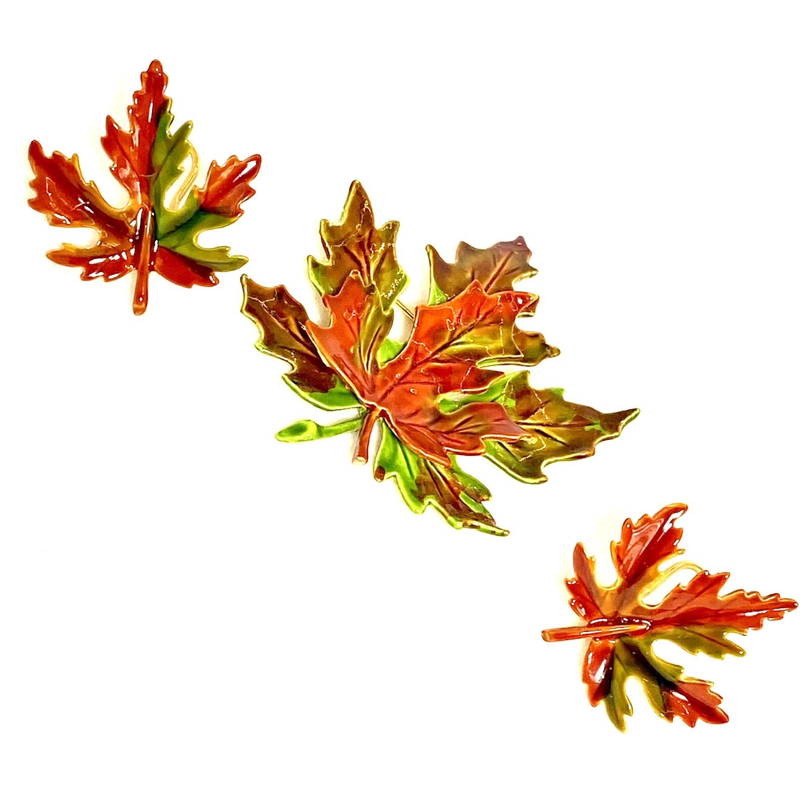 Vtg GoldTone Unmarked Brooch ClipOn Earrings 3D Fall Colors Leaves Unique Rare C