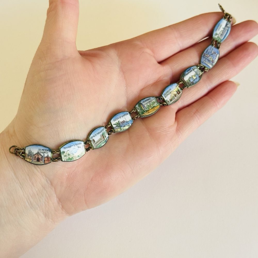 Bermuda Charm Panel Link Bracelet VTG souvenir Buildings Souvenier Enamel 7.5″