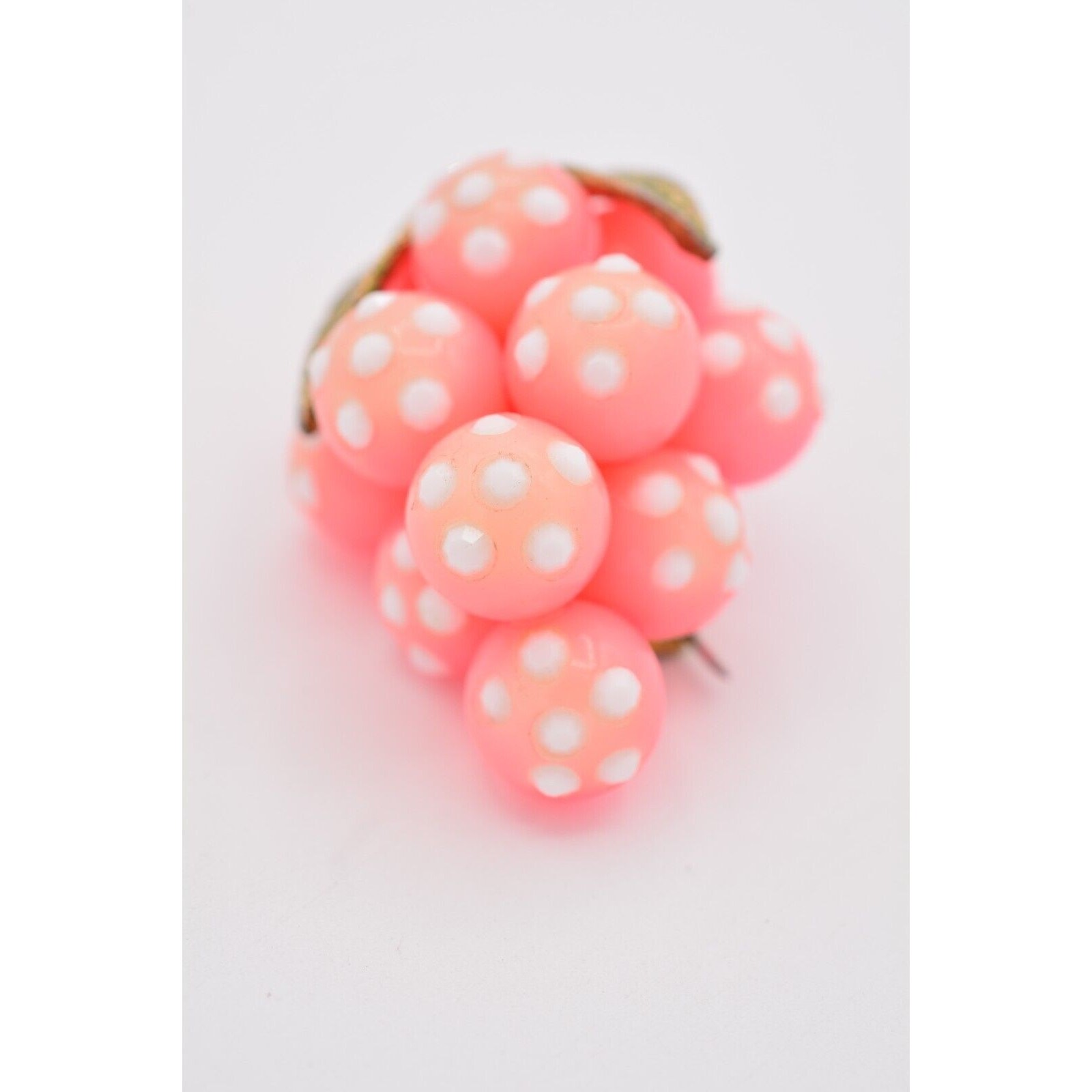 Vintage Glass Grapes Pin Brooch Pink White Polka Dot Crystal Antique 1960s BinAJ