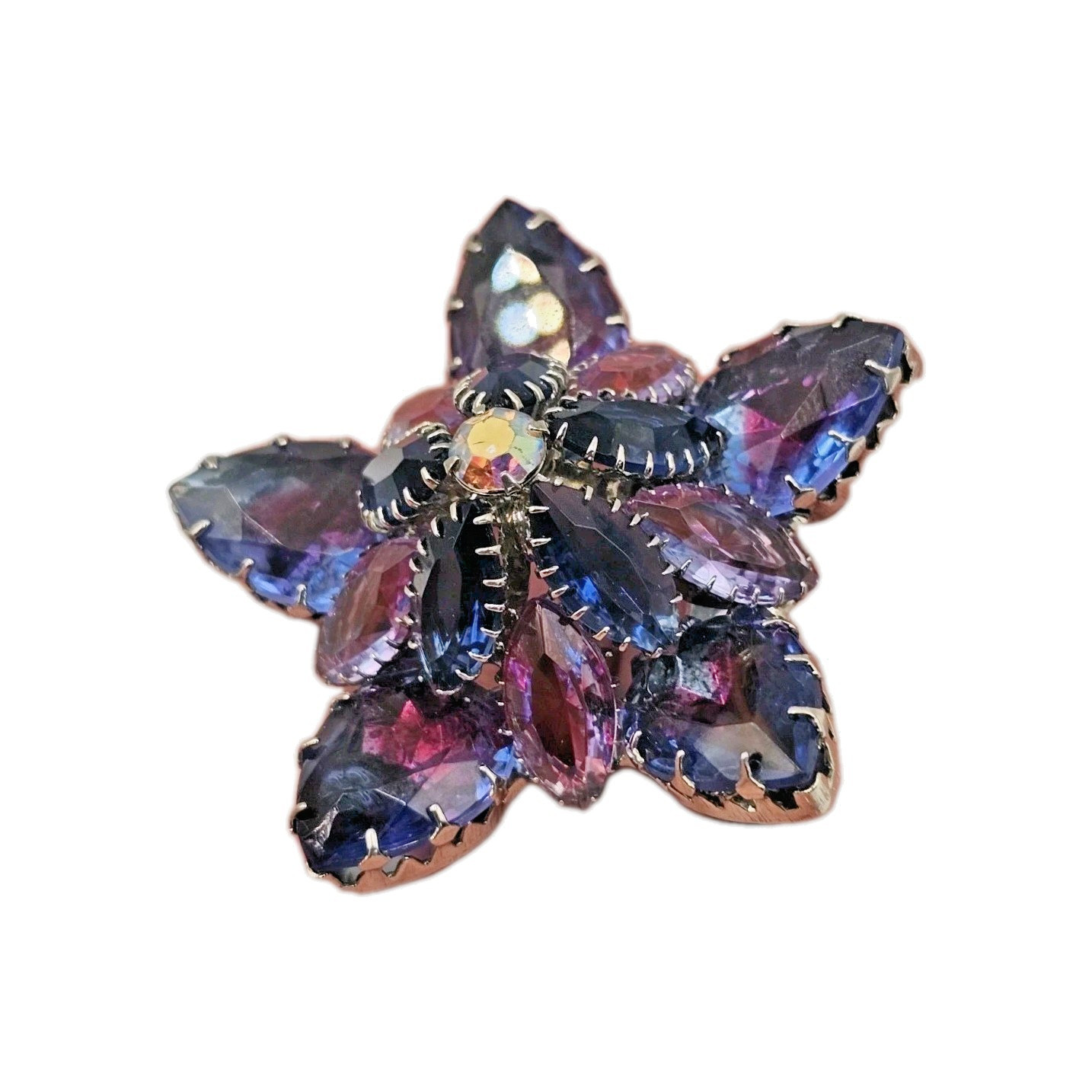 VTG Starburst Domed Purple Blue Pink Vitrail Glass Rhinestone Brooch Silver Tone