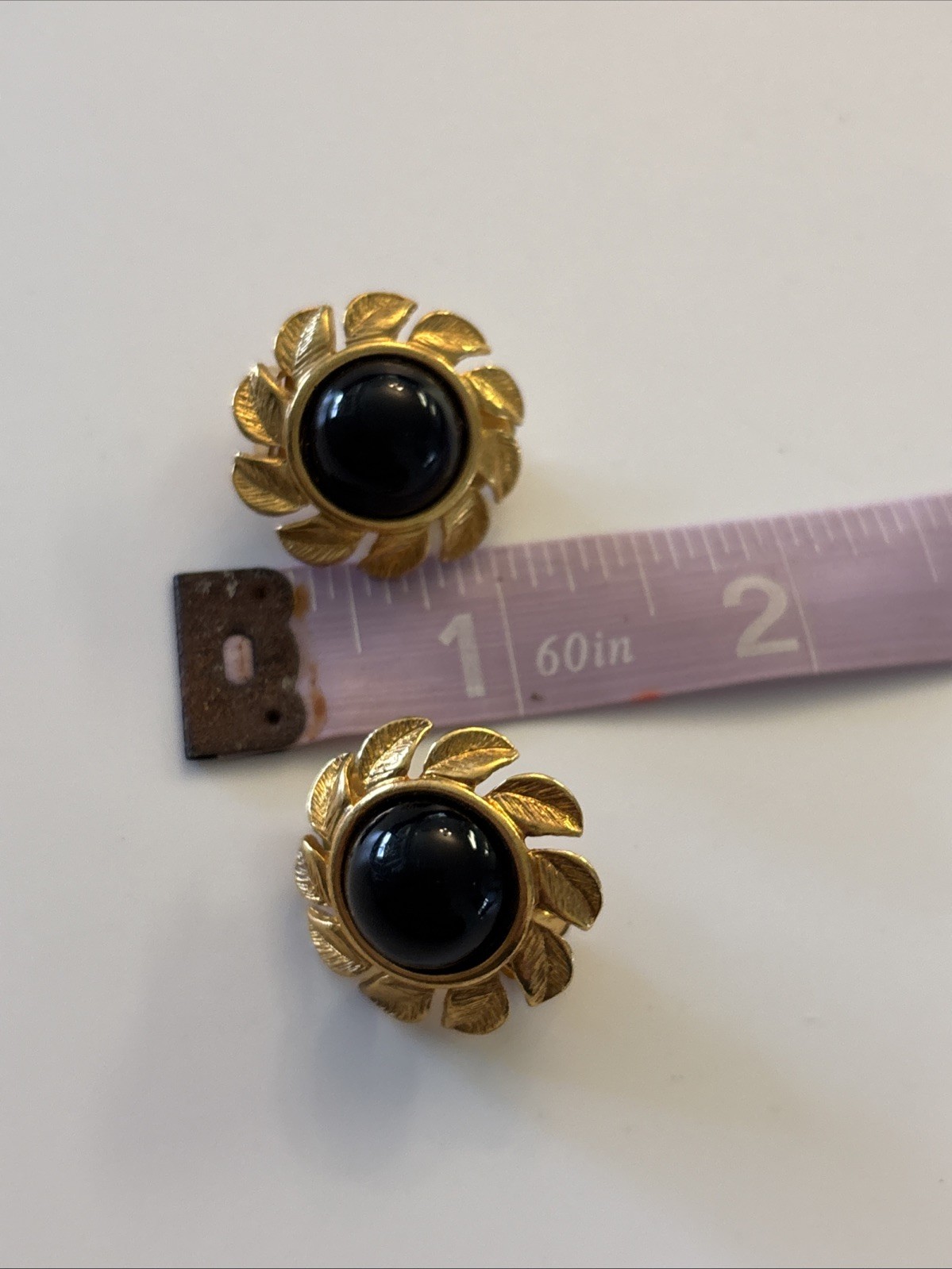 White Stag Clip on Earrings Golden Tone Metal Black Stone Center