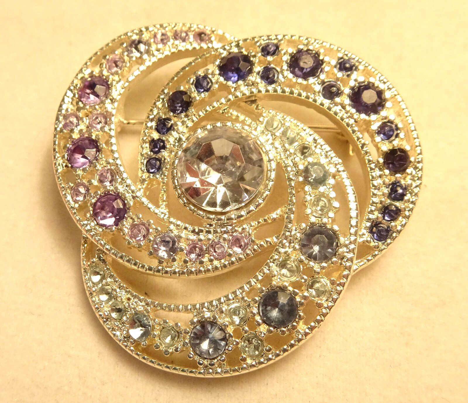 Tri Crescent Brooch Pin Rhinestone Purple Blue Lavender Silver Tone Vintage