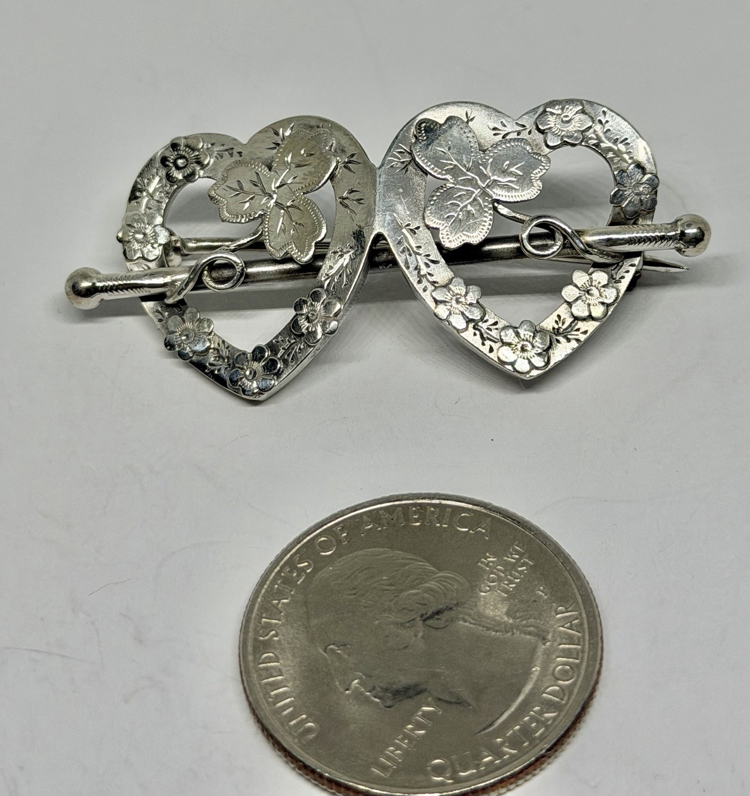 Victorian Sweetheart Entwined Hearts & Clover Sterling Hallmarked Brooch 1891