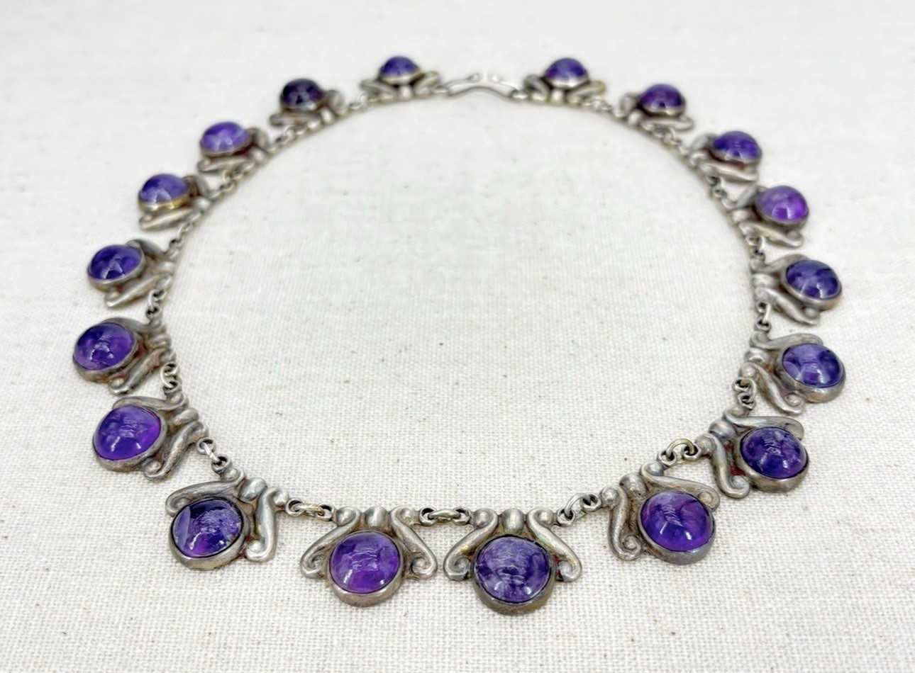 Vintage LOS CASTILLO 925 Sterling Silver Amethyst Floral Panel Link Necklace 15″