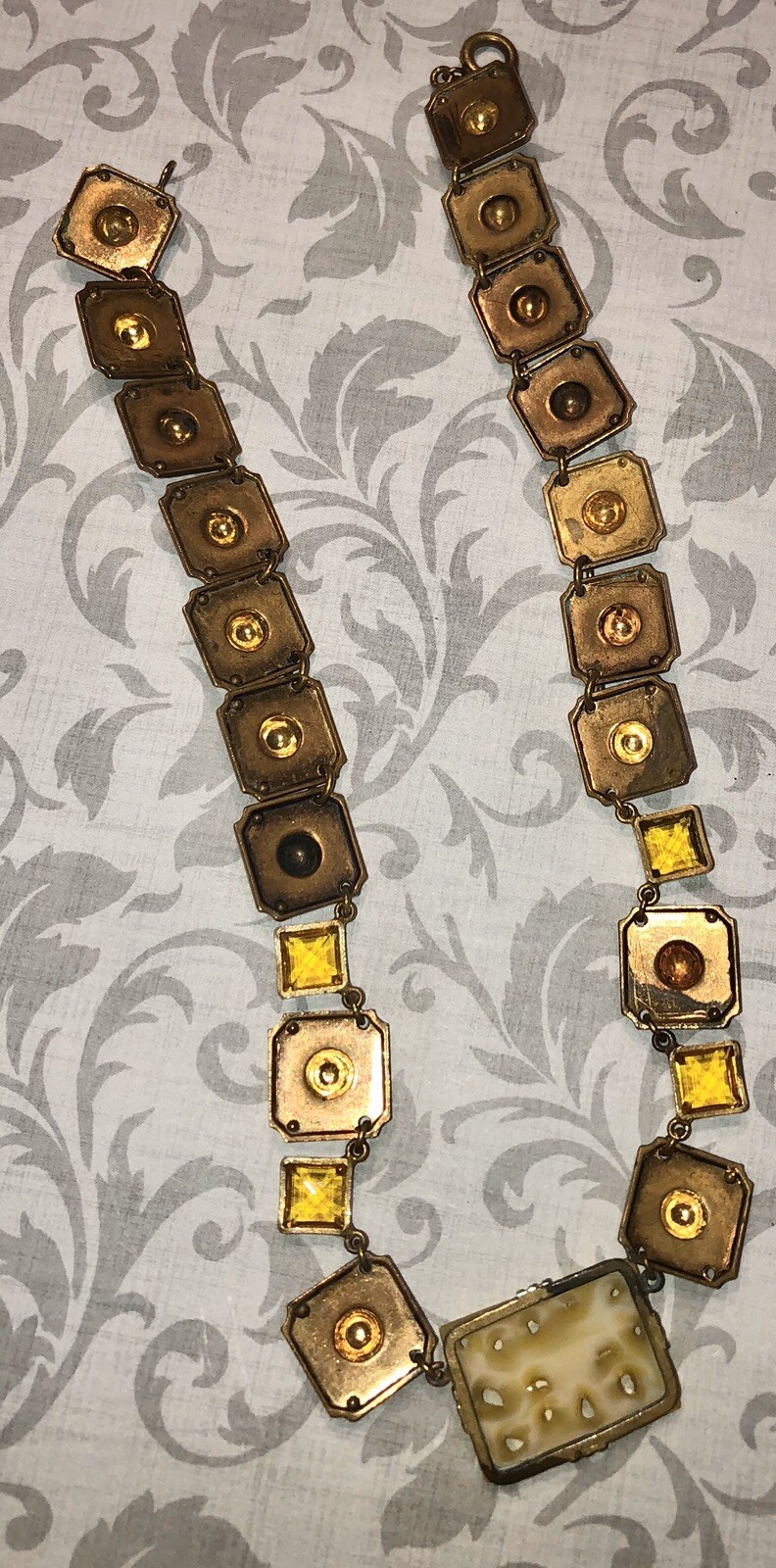 Atq Art Deco Czech Signed Vaseline Topaz Glass Asian Crane Panel Necklace-Estate