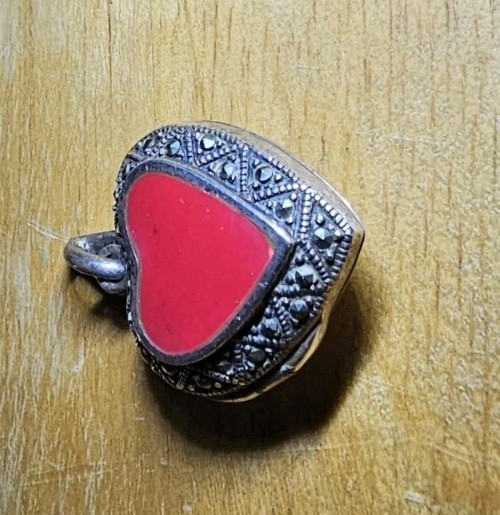Sterling Silver Marcasite Puffy Heart Locket Pendent Charm Red Coral Center