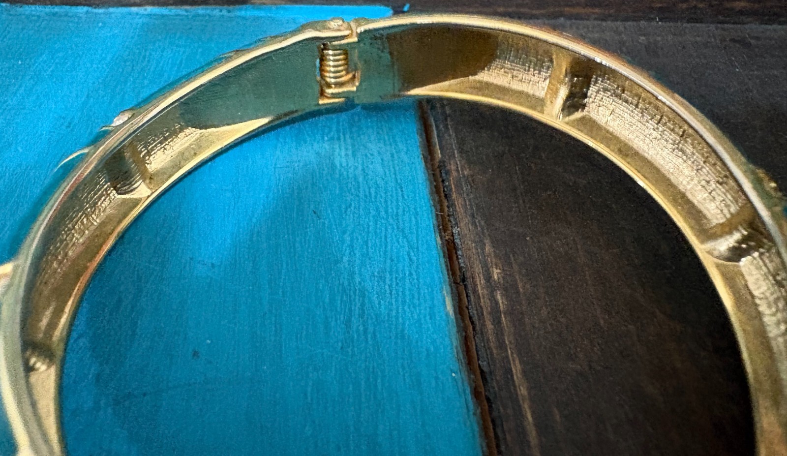 Vintage “Perfect Wave” azure blue enamel and crystal hinged bangle gold tone