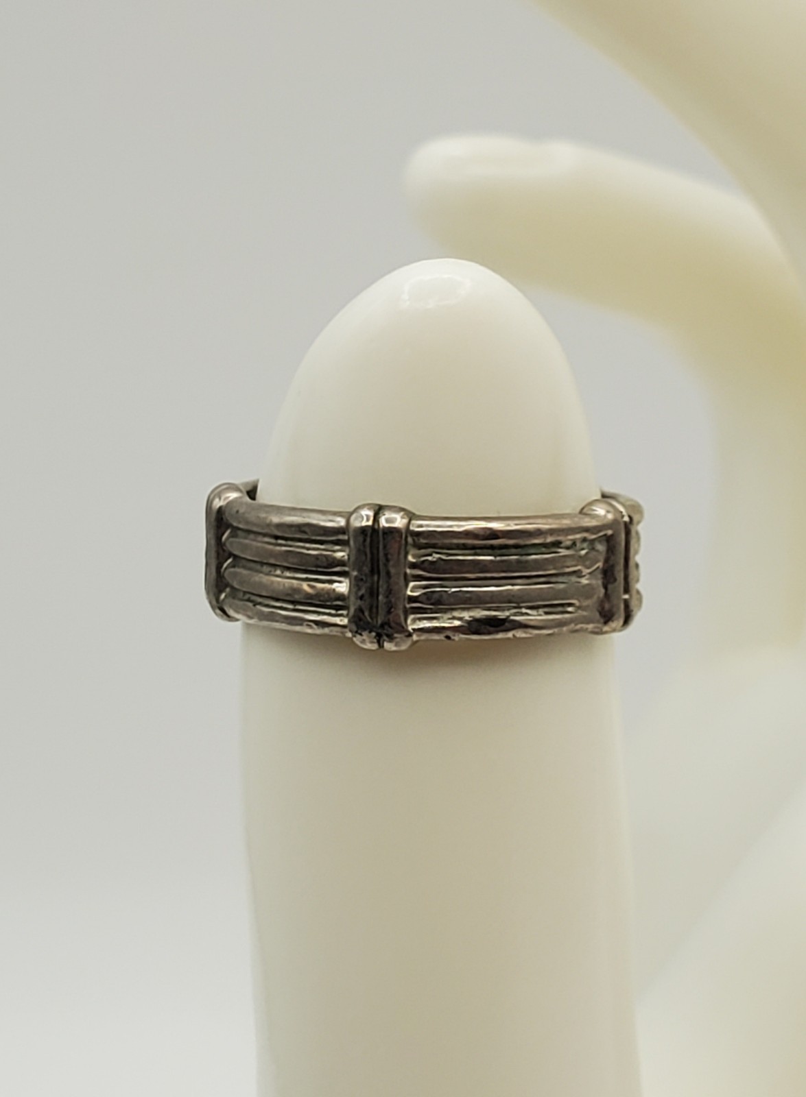 925 Ribbed Band Ring Sz 5.5 Sterling Silver 3g Unisex Bamboo Pinky Stacked Look