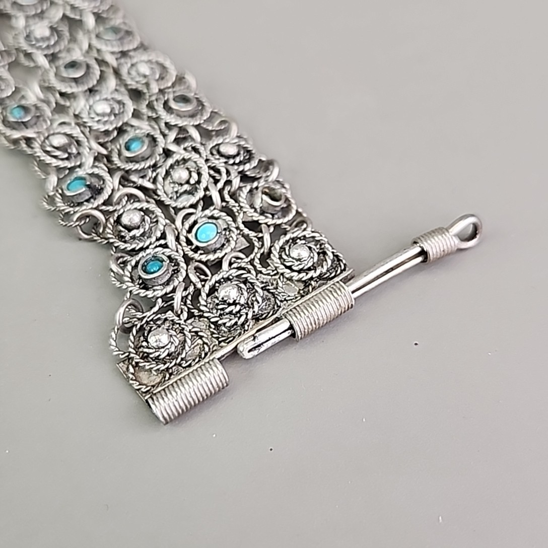 Vintage Cannetille Bracelet Blue Bead Silver Tone Chain Slide Clasp Filigree 6.5