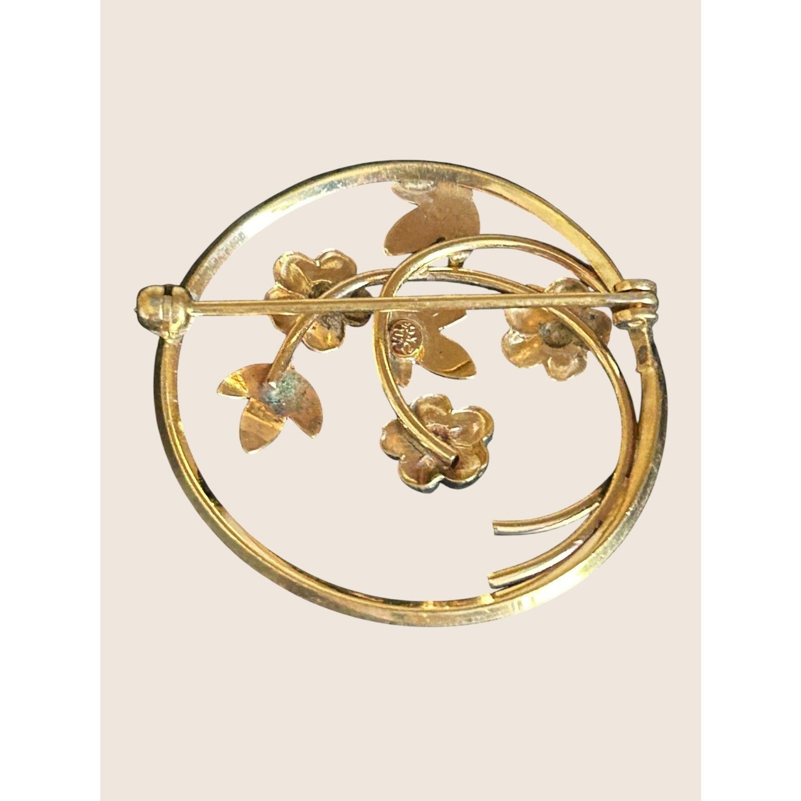 💐 VTG VAN DELL VD 12K GF CIRCLE BROOCH PIN FLOWER FLORAL ENAMEL RETRO DELICATE