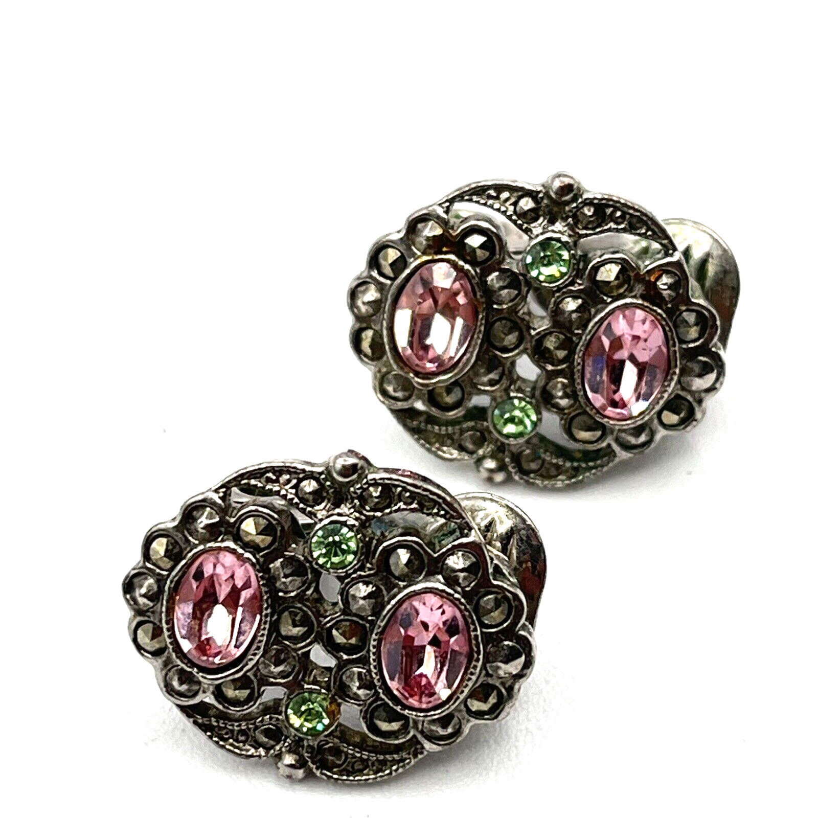 Vintage 1928 Brand Earrings Pink Rose and Green Rhinestone Clip Earrings 3/4″