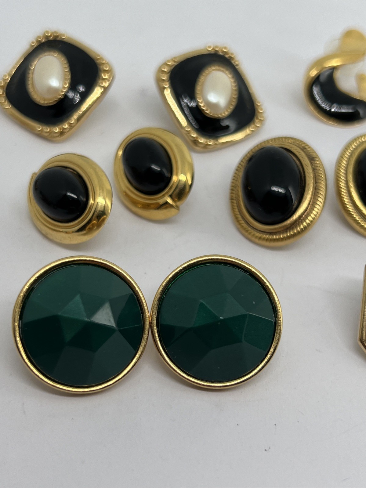 8 Vintage Goldtone Black Enamel Green Pierced Earrings Monet Trifari Avon
