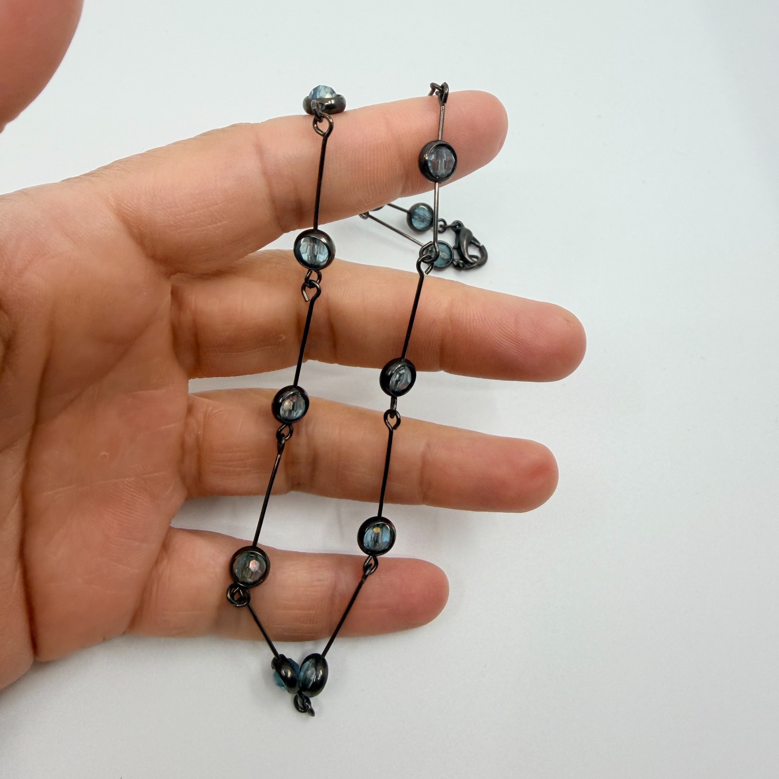VTG Gunmetal Tone Blue Crystal Glass Necklace Station Link Bar Dainty Minimalist