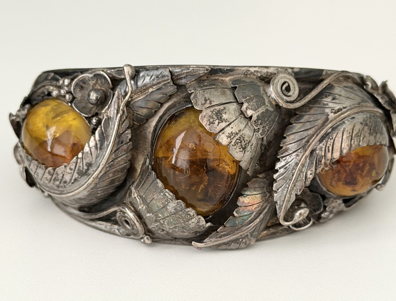 Vintage Sterling Silver Big Chunky Amber Leaf Southwest Cuff Bracelet Heavy