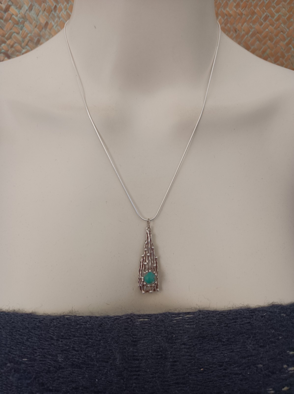 Modernist Brutalist Eilat Stone Pendant Necklace Sterling Silver Israeli 70s VTG