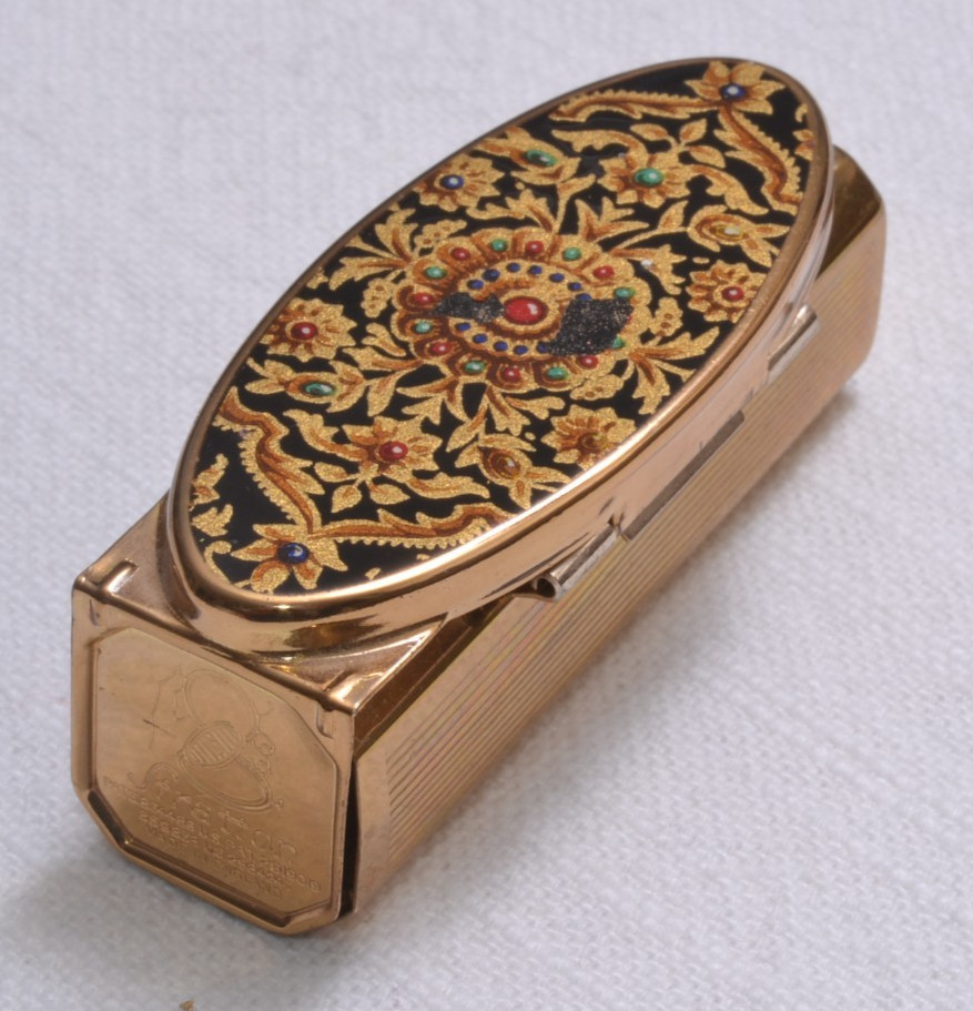 Stratton England Compact Mirror & Lipstick Holder Gold Tone Floral Fiip VTG 60s