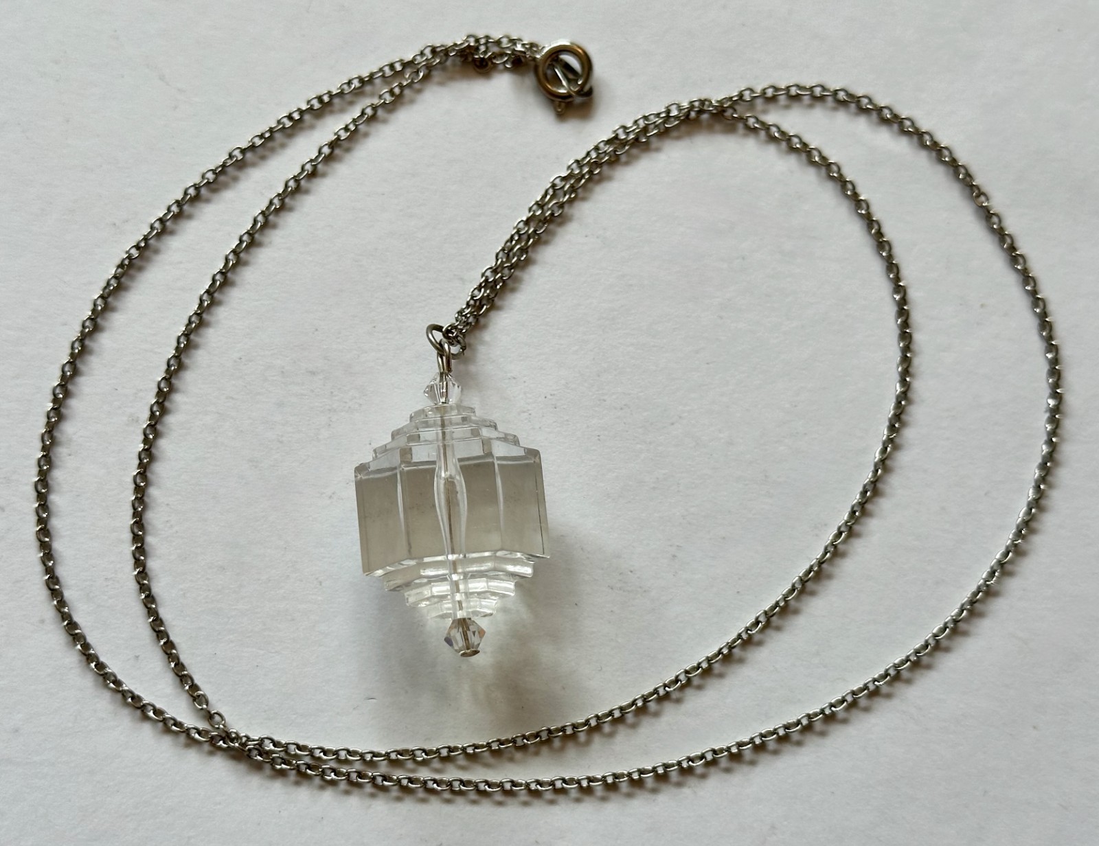 Vintage art deco layerclear acrylic lucite crystal pendant 1 1/2″ necklace 24″