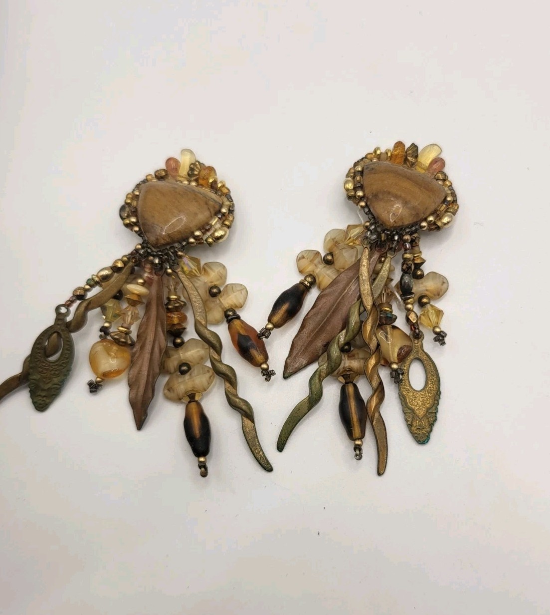 Vintage 80s Signed CHIPITA Joan Eagle Boho Dangle Earrings Jasper Beaded Fringe