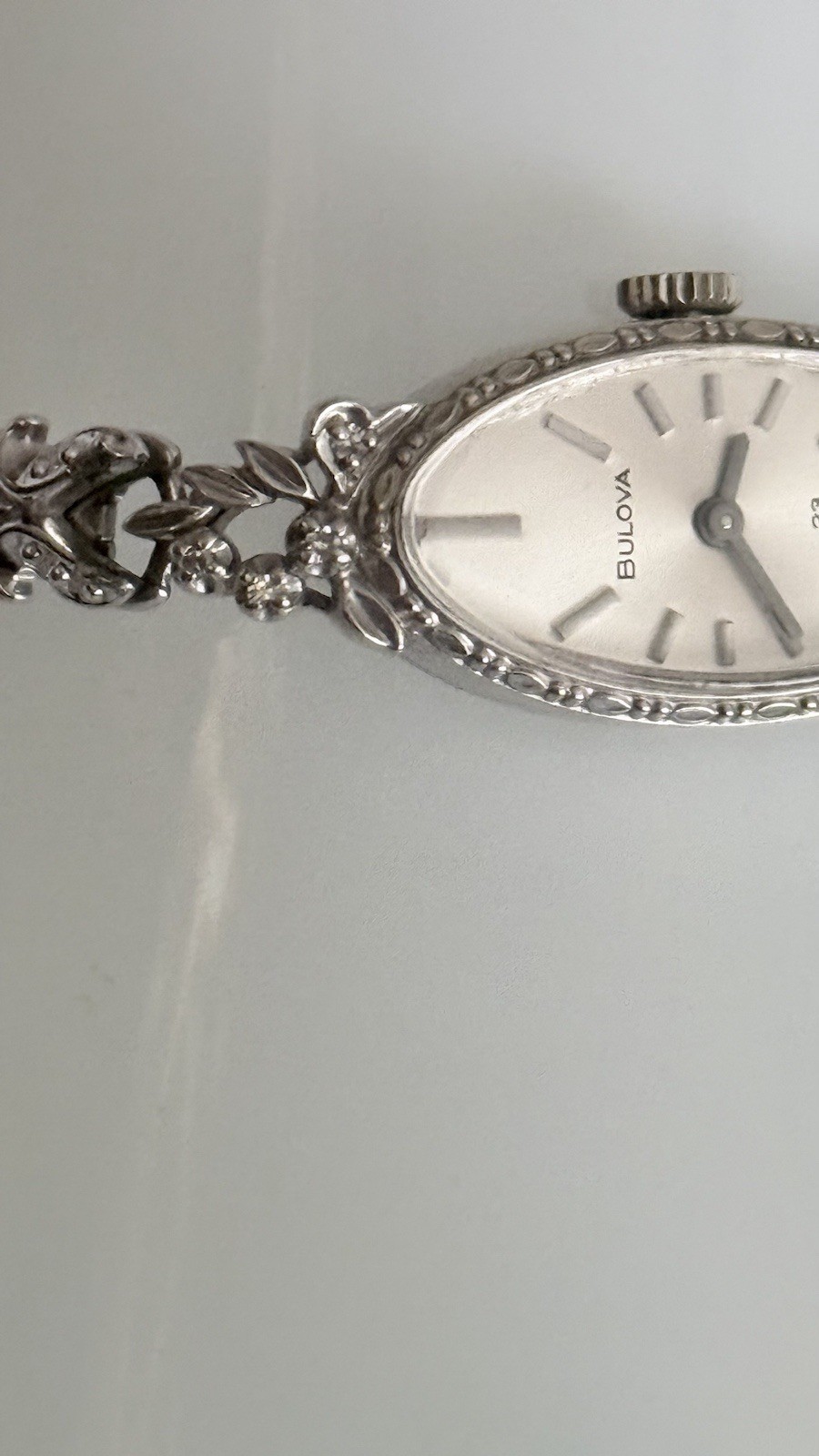 Vintage Bulova Ladies Watch-14K White Gold Cocktail With 8 Lovely Small Diamonds
