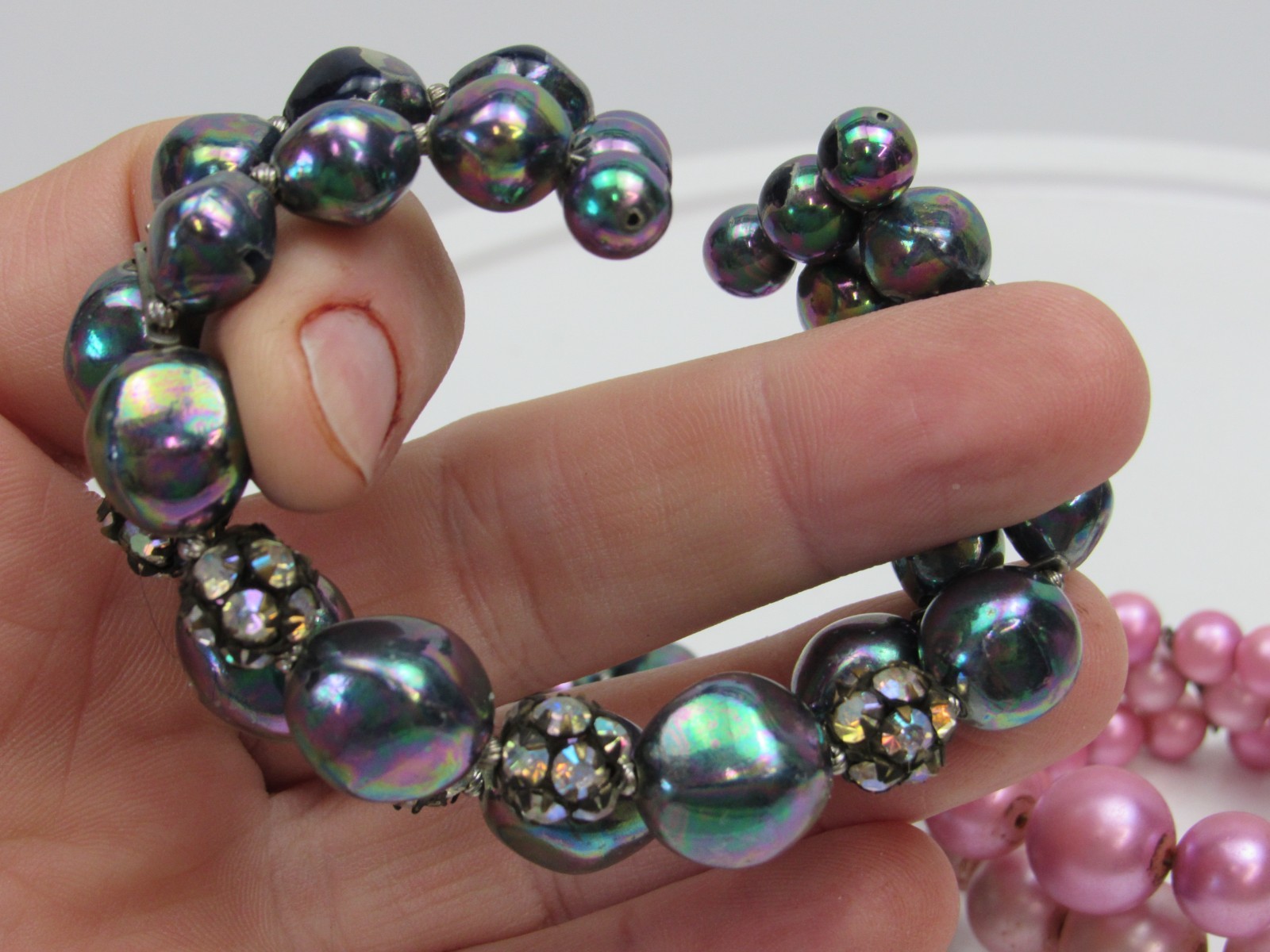 3 Vintage Beaded Stretch Cuff Bracelets Lot Pink Iridescent Rhinestone