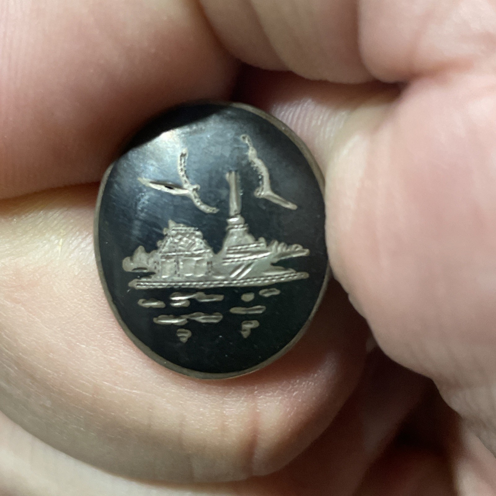 Vintage Siam Sterling Silver Cuff Links Black Inlay Buildings And Birds