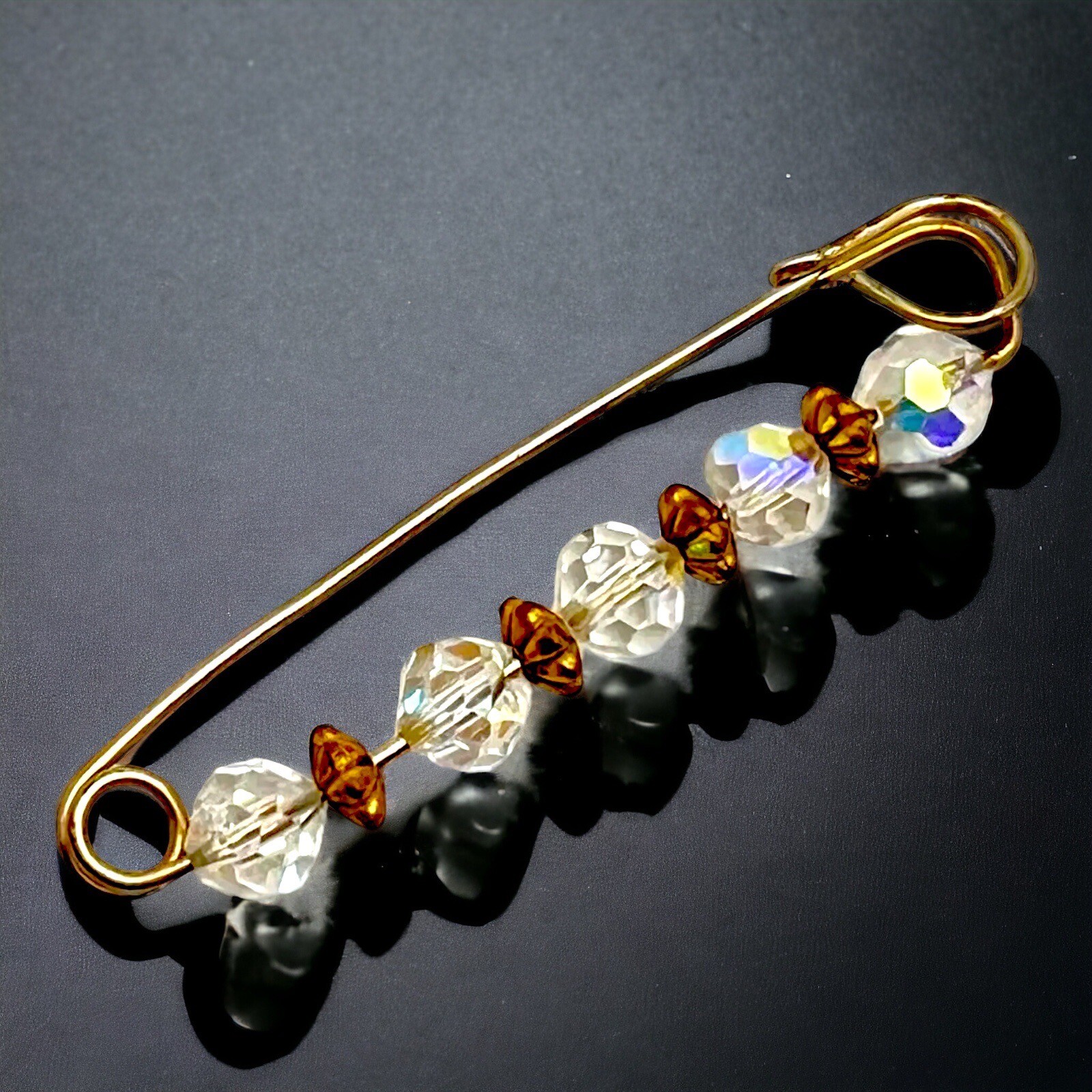 Aurora Borealis Kilt Pin Crystal Glass Bead Sweater Brooch Gold Tone