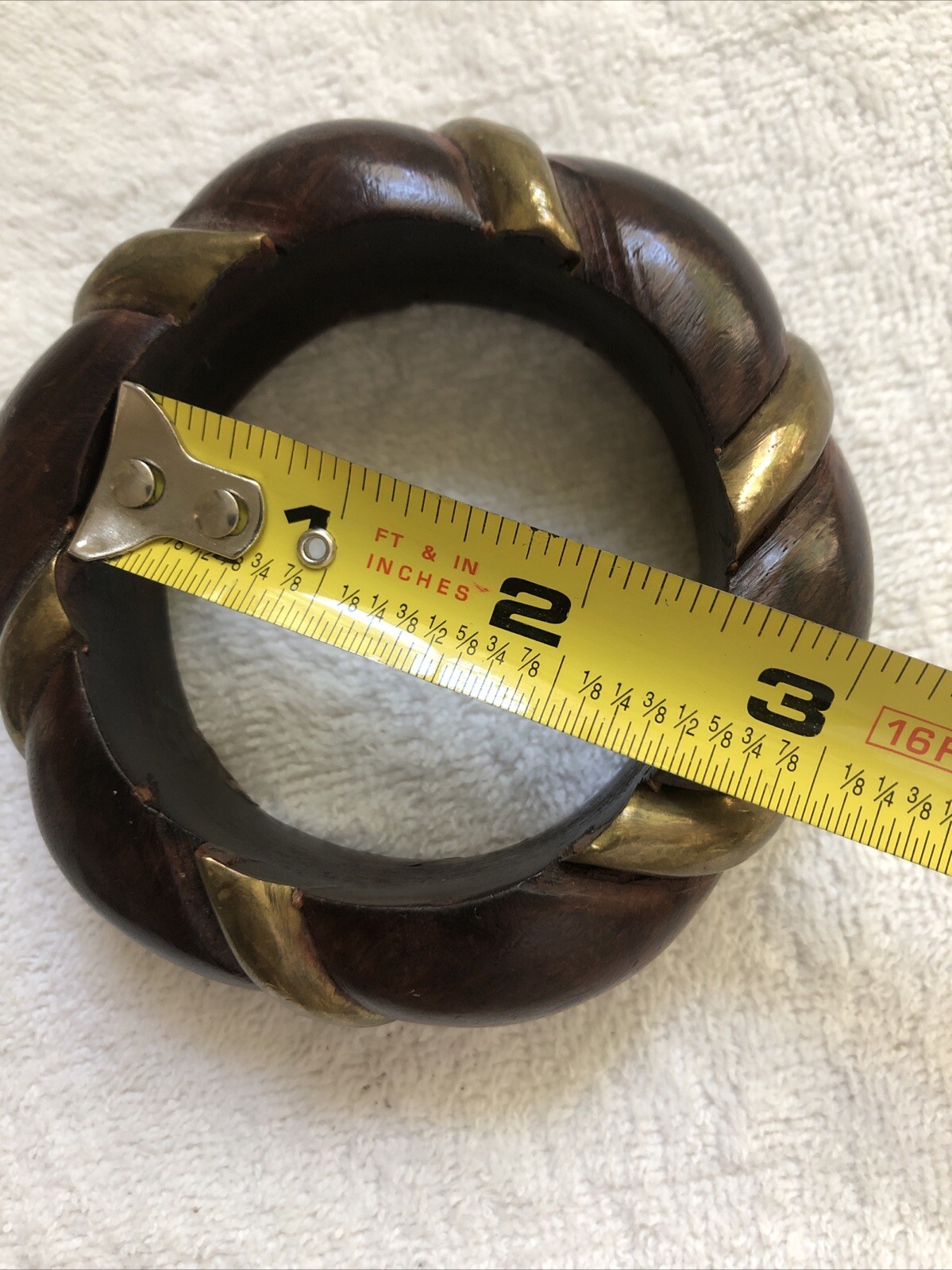 Vintage 1960’s Dark Brown Wooden Bangle with Gold Tone Metal Inlay Bracelet