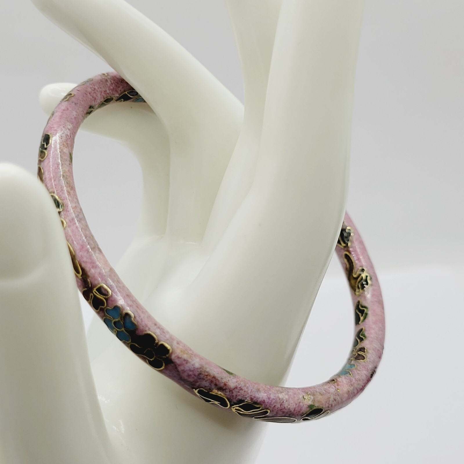 Cloisonné Asian Inspired Rose Mauve Color Floral Hand Painted Bangle Bracelet
