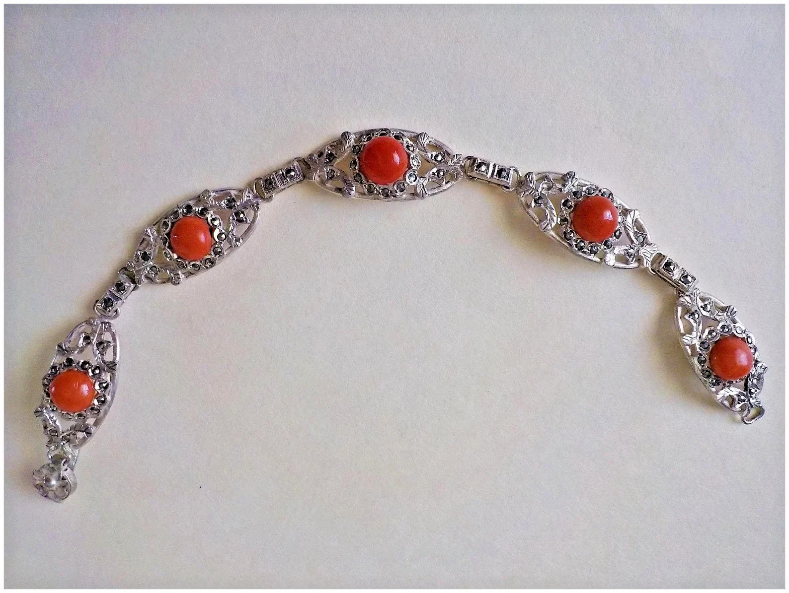Vintage European Ox Blood Red Coral Marcasite 800 Silver Bracelet