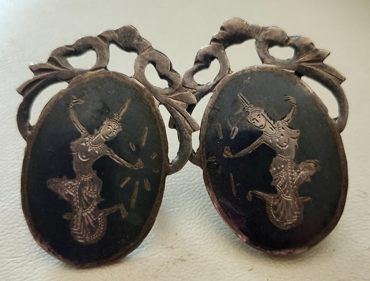 Sterling Silver Siam Niello Dancer Vintage Post Pierced Back Earrings & daily sh