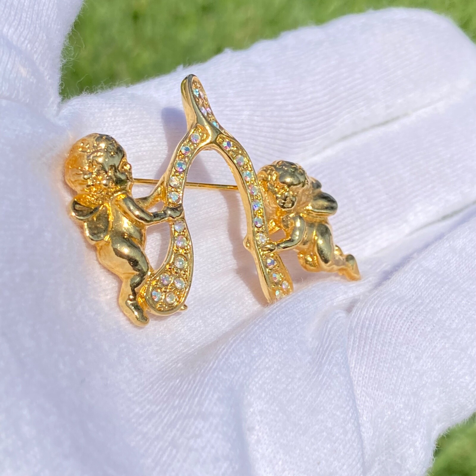 Sparkling Kirk’s Folly Signed Gold Tone Angel Cherub Wishbone Brooch Pin