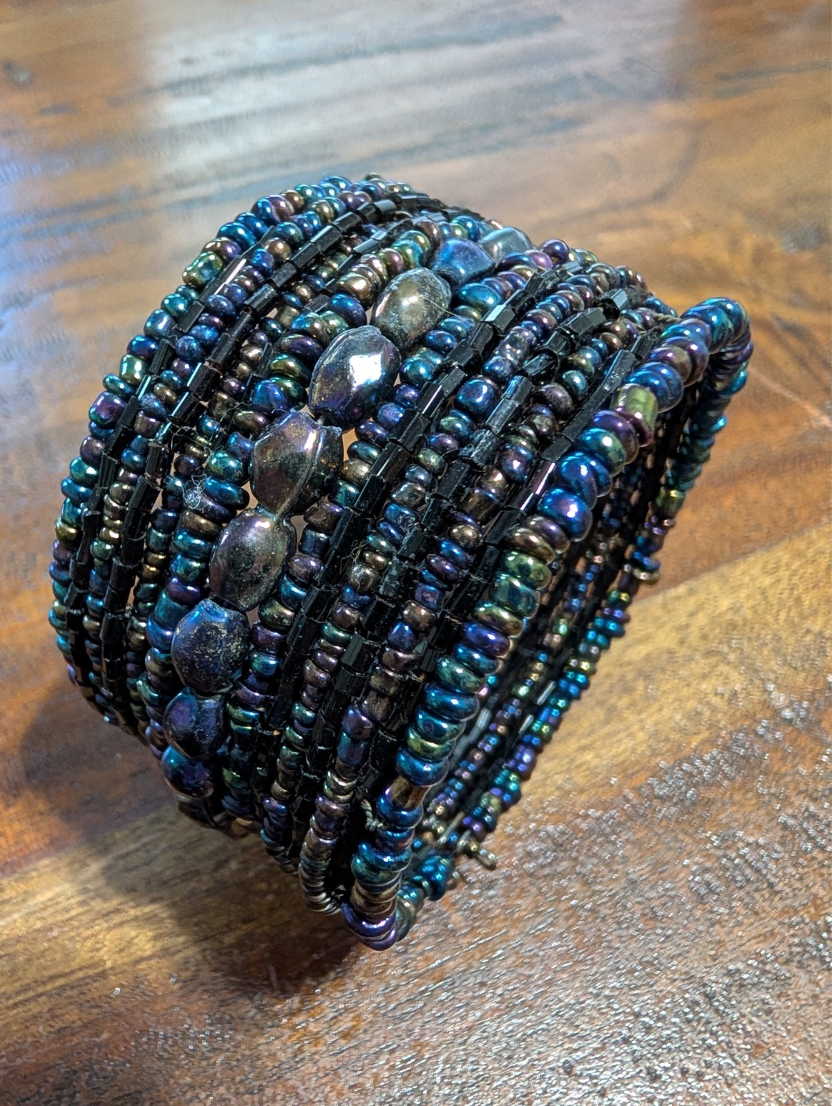 Boho Peacock Blue Purple Beaded Cuff Bracelet Memory Wire Statement Artisan Y2K