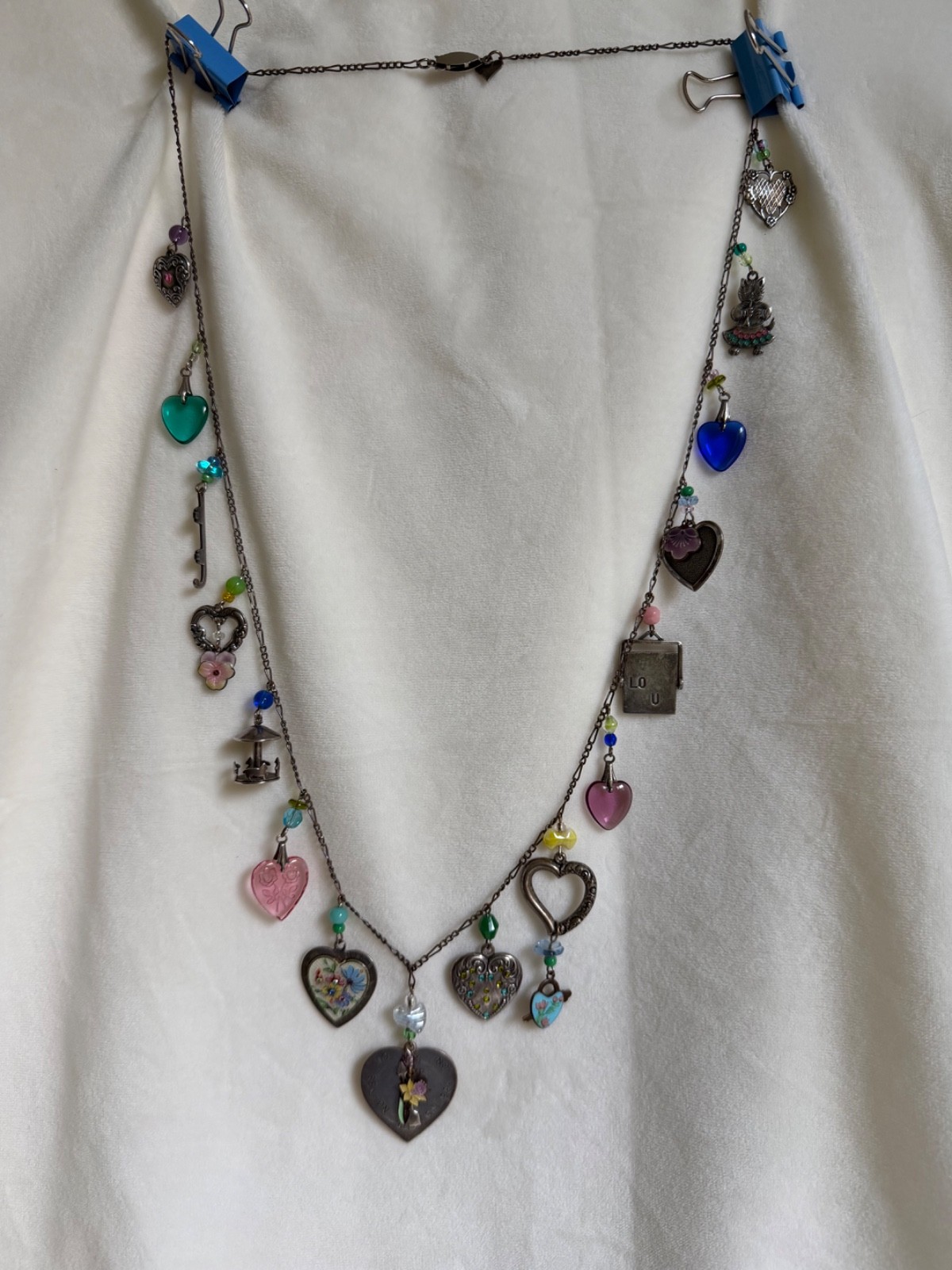 Vintage Glass Works Studio 32″ Multi Charm Necklace Love Me Spinner I Love You G