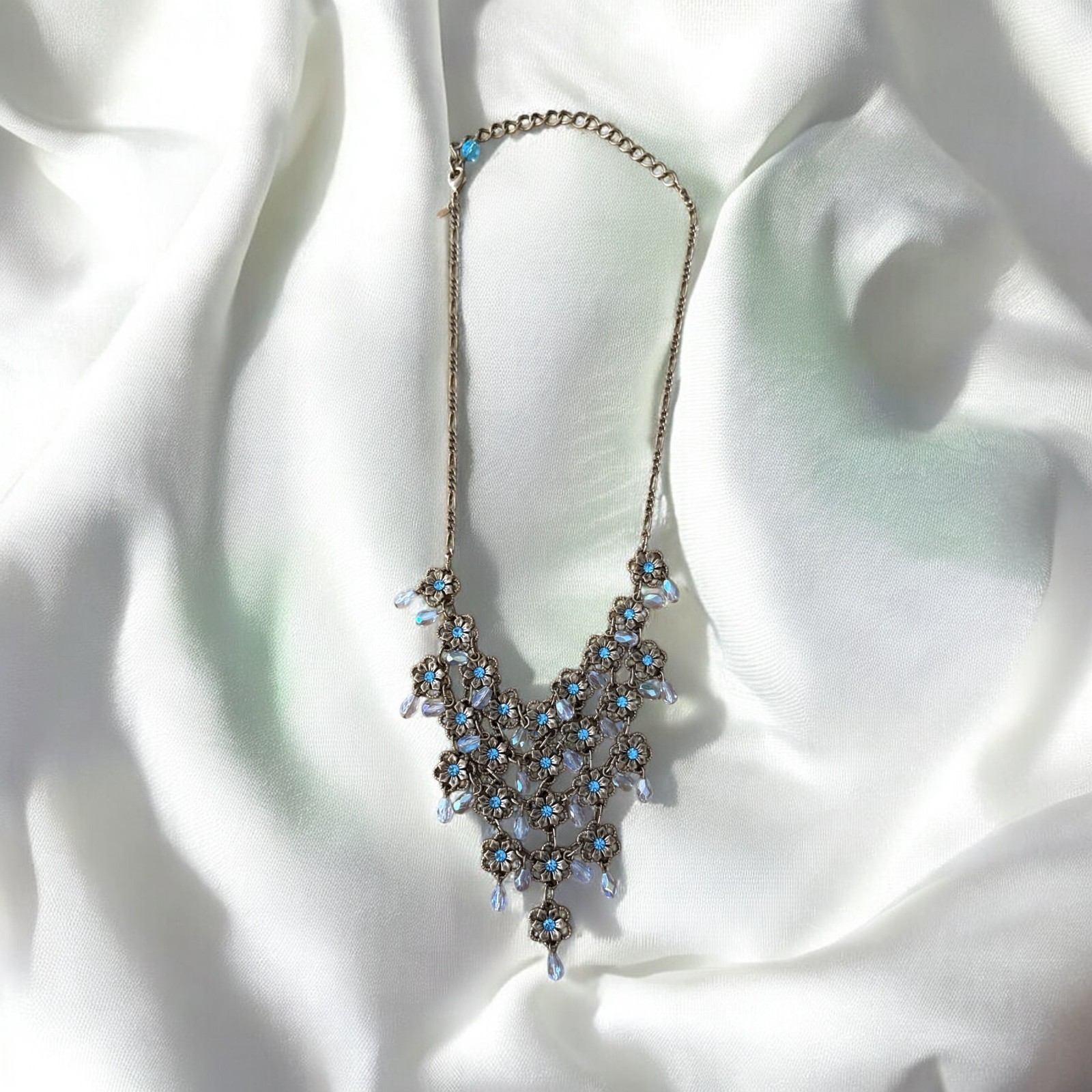 Vintage Blue Rhinestone Bib Necklace Gold Tone Floral Filigree Statement China