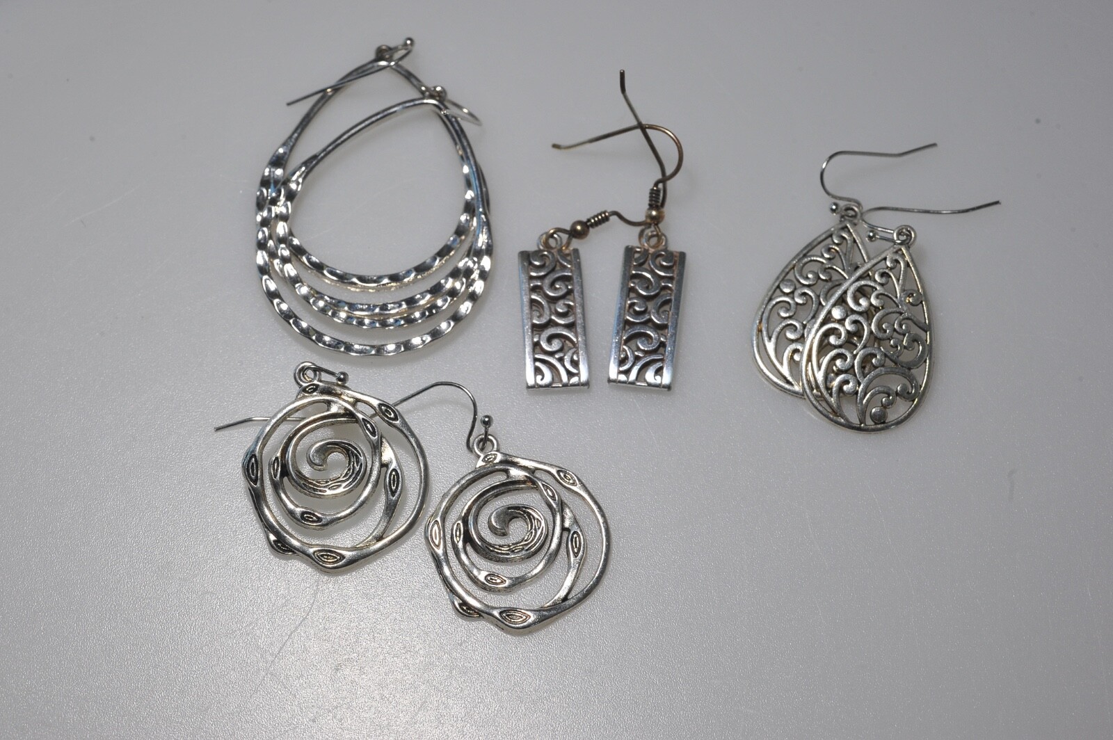 LOT Pierced Earrings Dangle Drop Silver Tone scroll hoop wire MN10