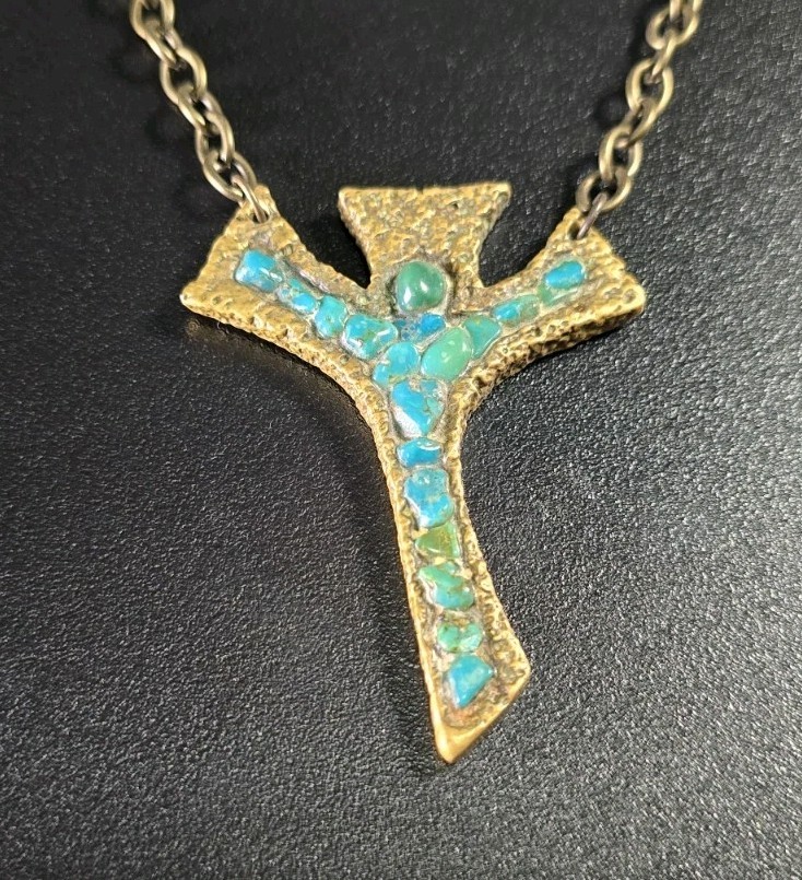 Vintage Mid-Century Brutalist Brass Turquoise Drop Pendant Necklace