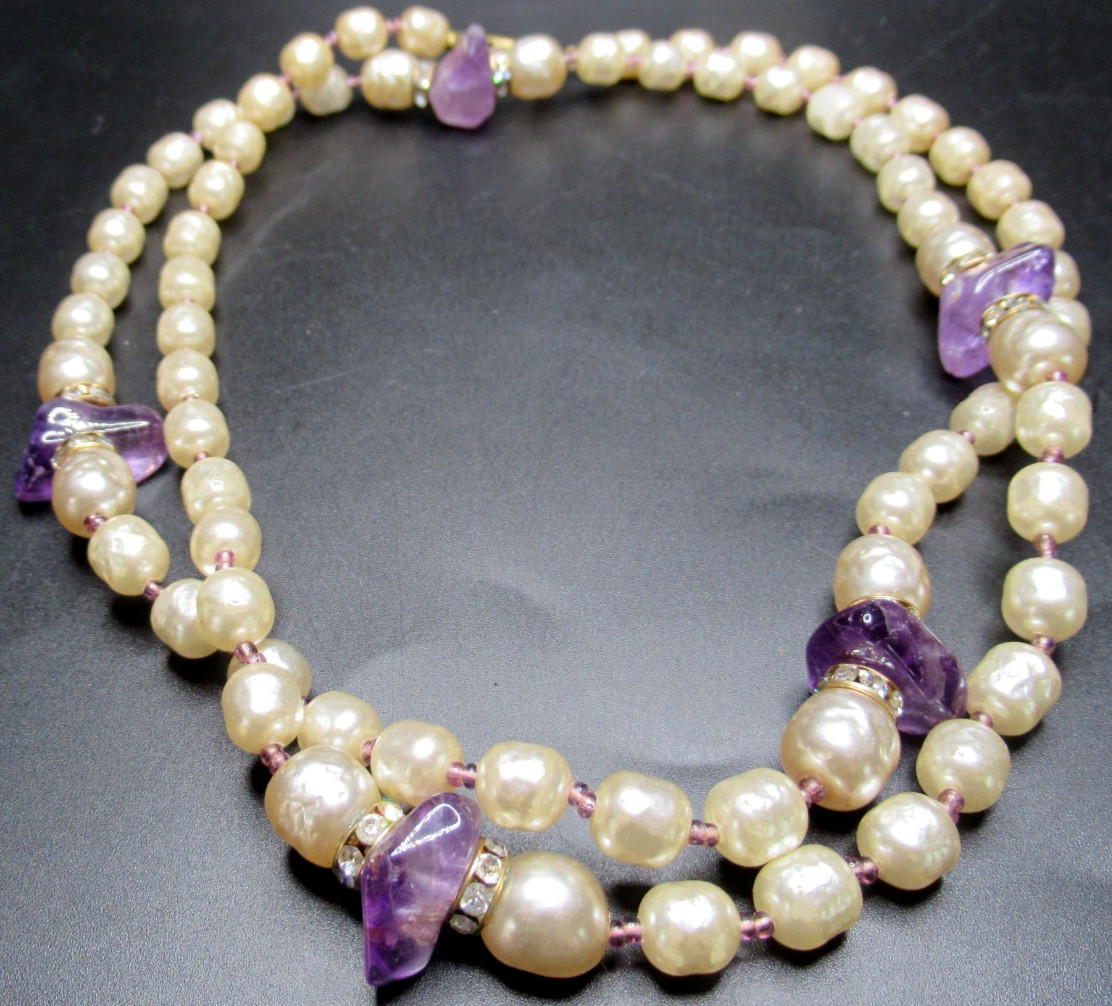 MIRIAM HASKELL Baroque Style Pearl Genuine Amethyst Sautoir Vintage Necklace