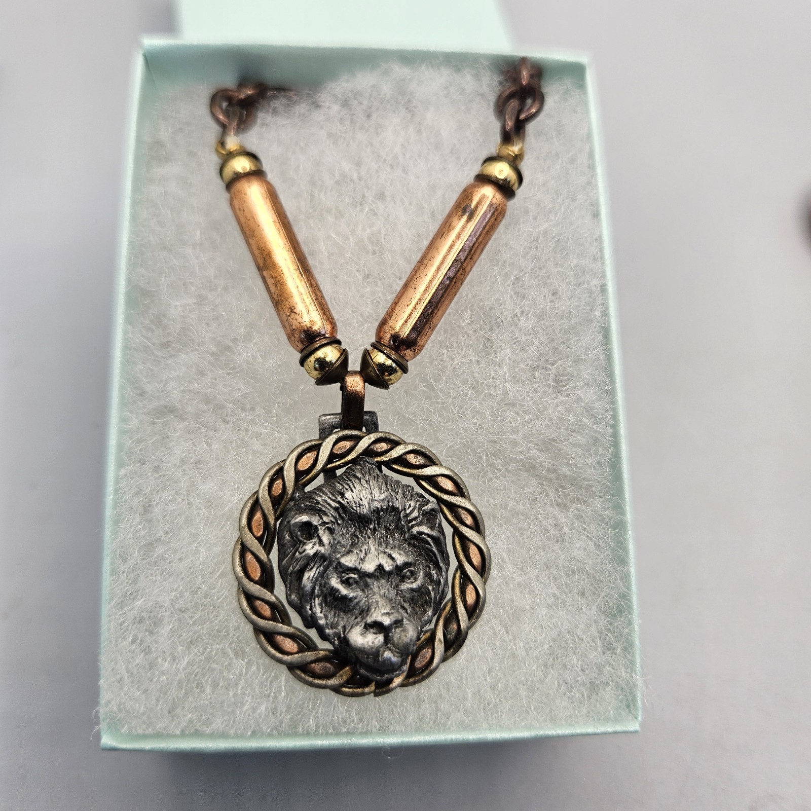 Vintage Lion Head Pendant Necklace Mixed Metal Pewter Copper Bronze Tone Chain