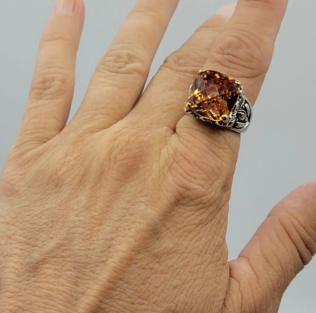 Vtg Sz 8 Ring Lg Citrine Topaz Cubic Zirconia Renaissance Flower Theme Jewelry