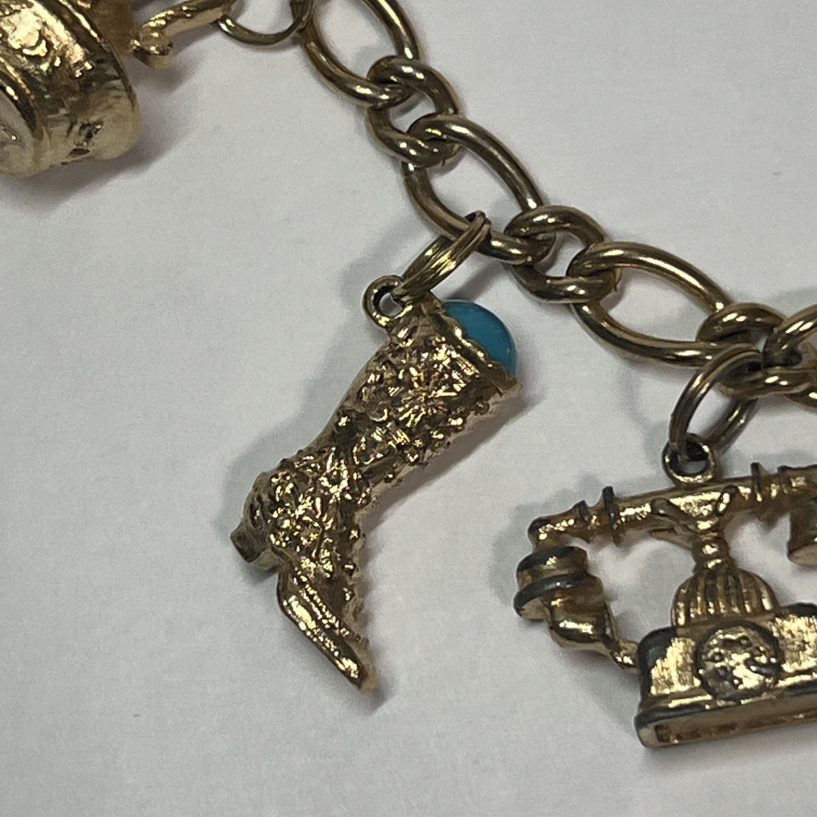 Vintage Charm Bracelet Chair Telephone Owl Boot Signed AVON Jewelry 7”