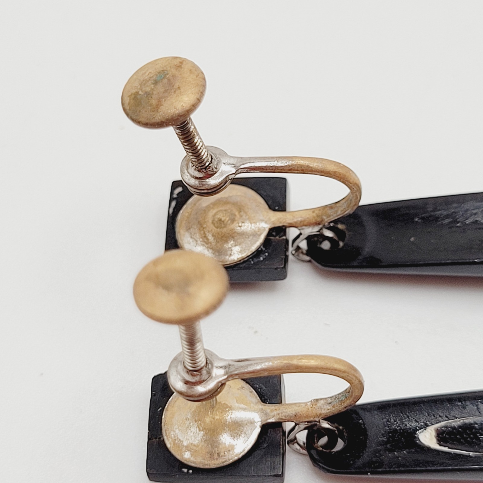 Hawaiian Natural Black Coral Vintage Screw Back Art Deco Style Dangle Earrings