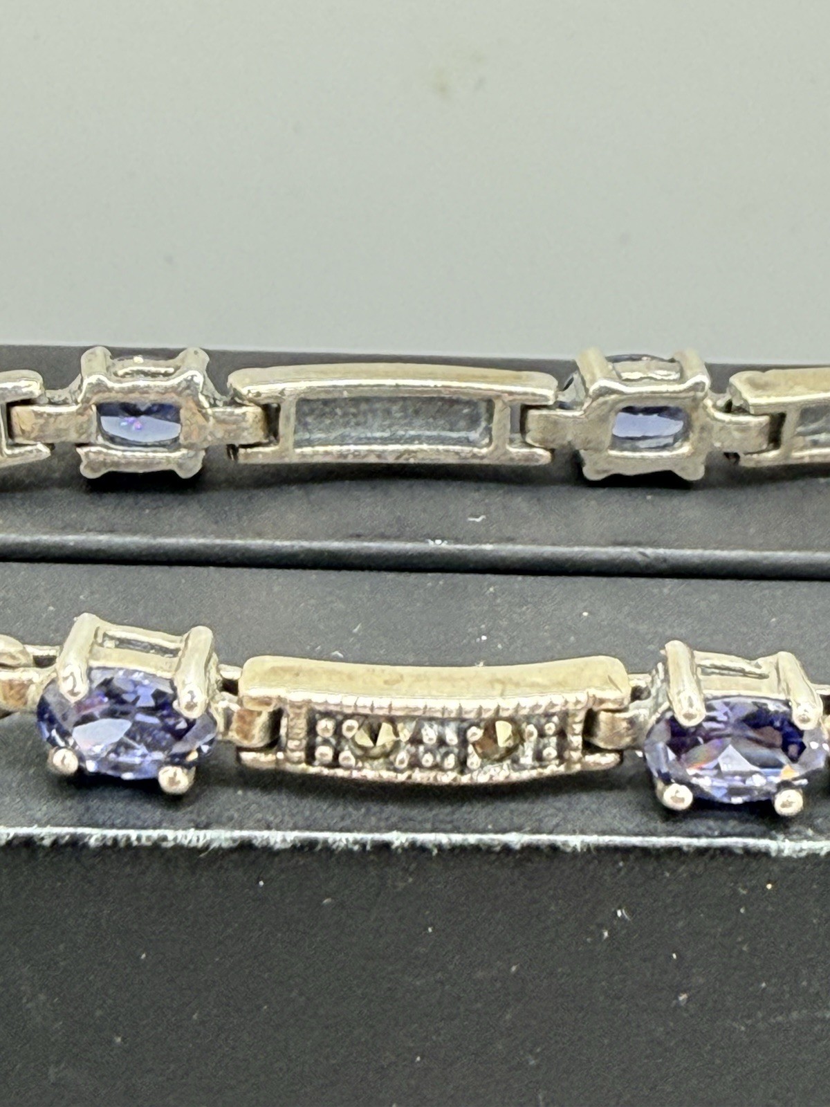 Vintage 925 CW Amethyst Marcasite Stone Panel Link Bracelet Sterling Silver 8”