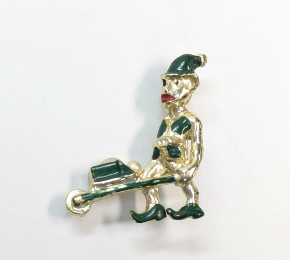 Vintage Gold Tone Leprechaun Elf Wheelbarrow Faux Pearls Green Enamel Pin 1.25″