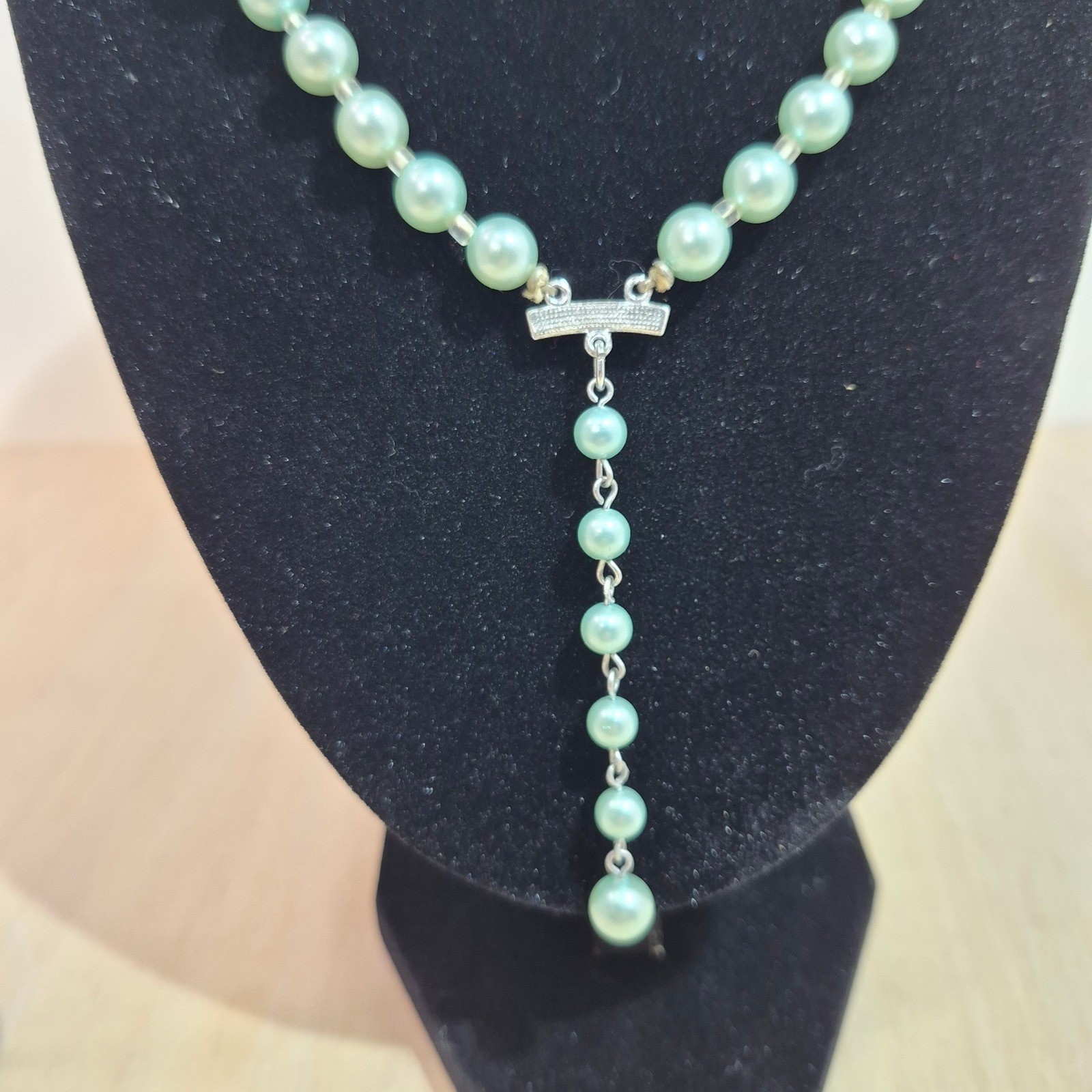 Vintage Seafoam Green Faux Pearl Y-Drop Necklace and Cluster Clip-On Earrings