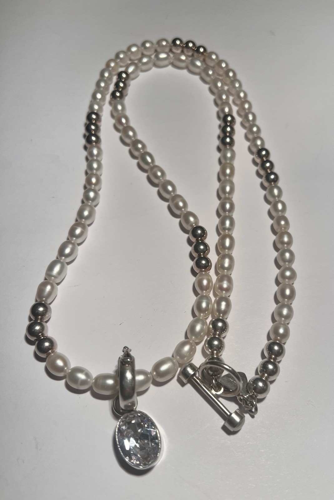 Harlene Korey Kalibre Sterling Freshwater Pearl Necklace Crystal Pendant