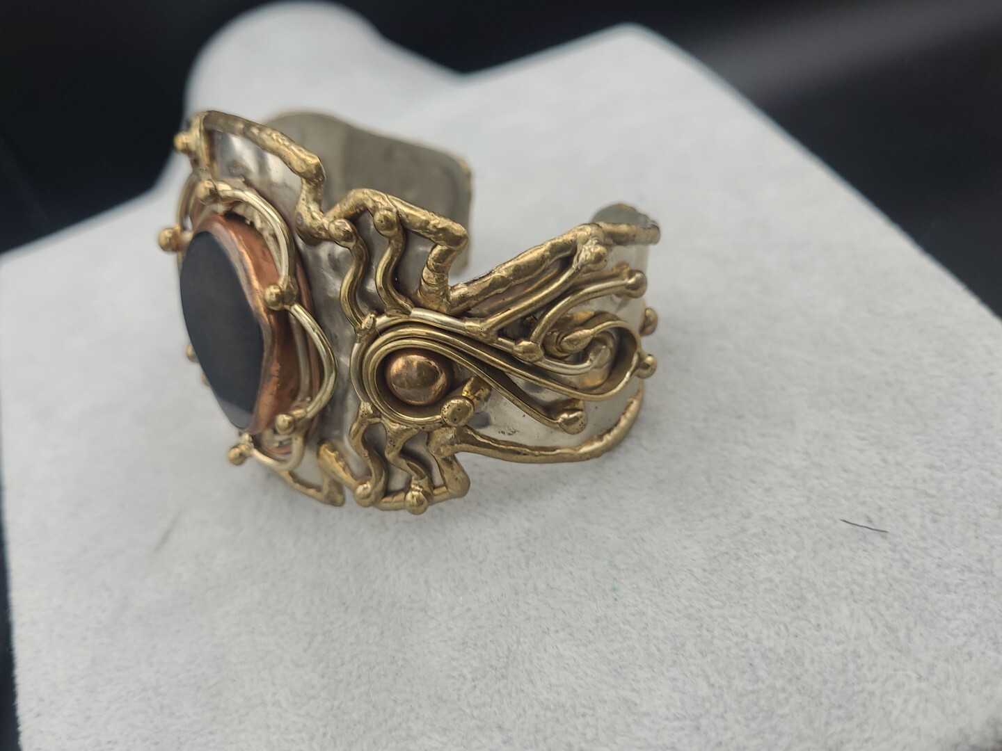 Vtg Mixed Metals Silver Tone Brass Copper Natural Stone Brutalist Cuff Bracelet