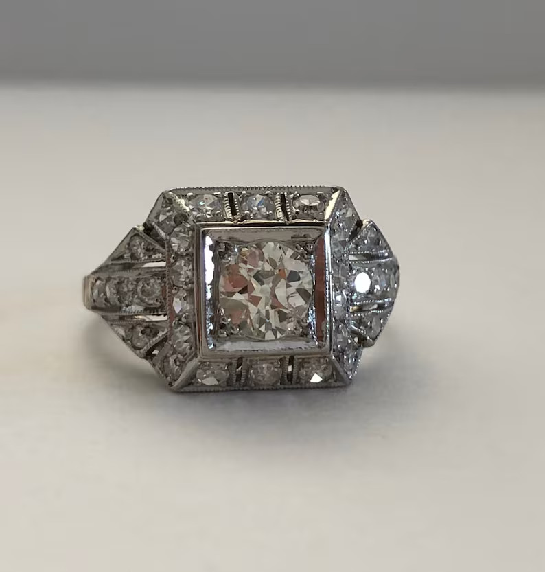 1920s Art Deco Engagement Ring Old European Cut 0.5ct Silver Antique Vintage