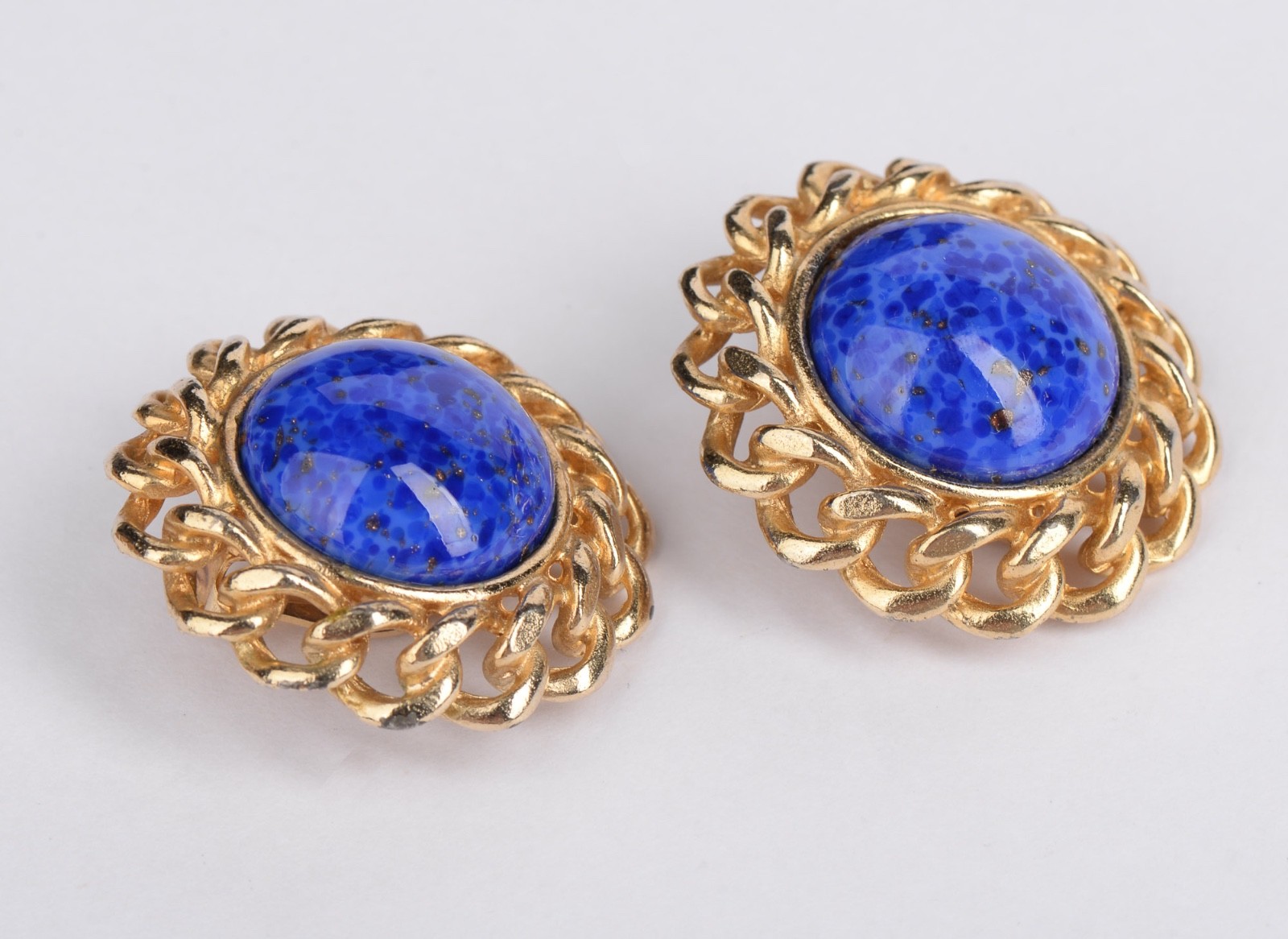 Vintage Gay Boyer Blue Cabochon Gold Tone Clip On Earrings 1.38in